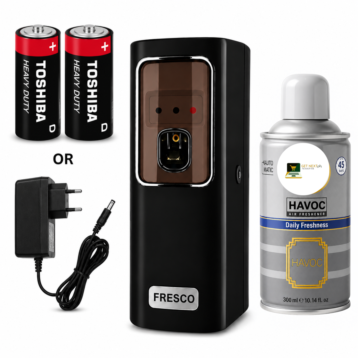 Black Automatic Air Freshener Dispenser With Free Refill Dual Power Spray Machine