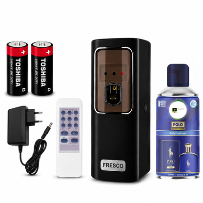 Black Automatic Air Freshener Dispenser with Remote, Adapter & Refill – Dual Power Spray Machine