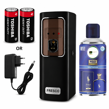 Black Automatic Air Freshener Dispenser With Free Refill Dual Power Spray Machine