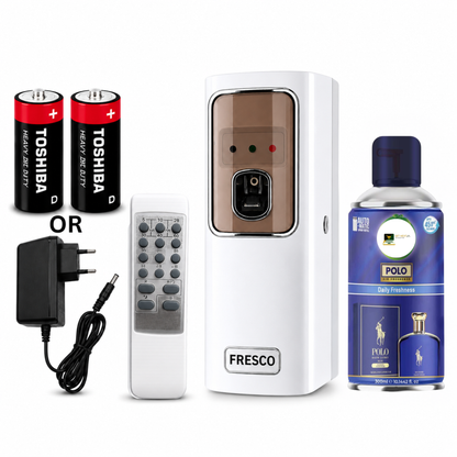 White Automatic Air Freshener Dispenser with Remote, Adapter & Refill – Dual Power Spray Machine
