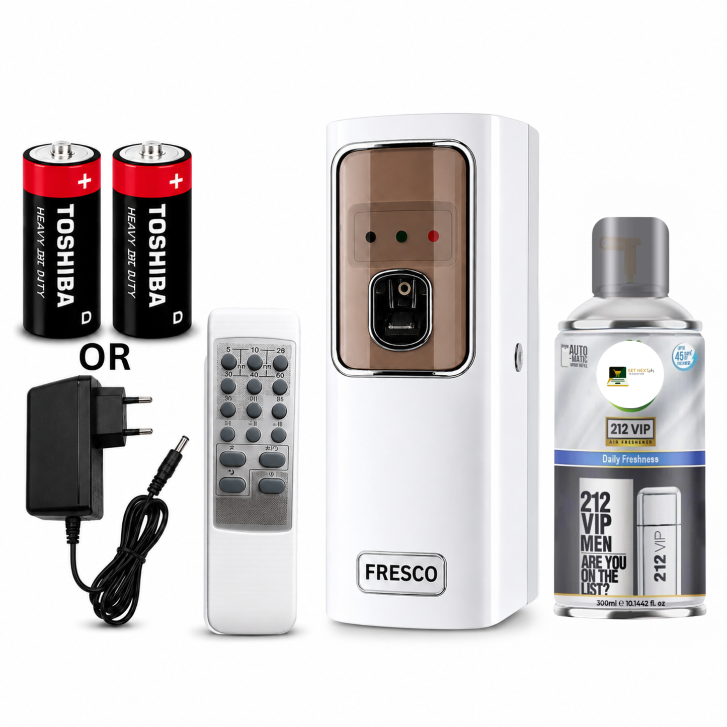 White Automatic Air Freshener Dispenser with Remote, Adapter & Refill – Dual Power Spray Machine