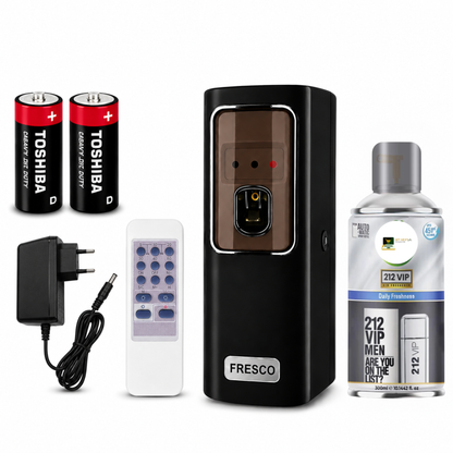 Black Automatic Air Freshener Dispenser with Remote, Adapter & Refill – Dual Power Spray Machine