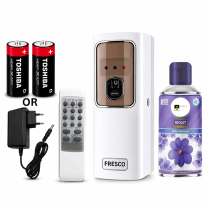 White Automatic Air Freshener Dispenser with Remote, Adapter & Refill – Dual Power Spray Machine