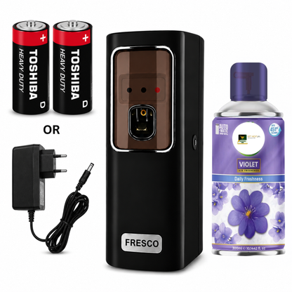 Black Automatic Air Freshener Dispenser With Free Refill Dual Power Spray Machine