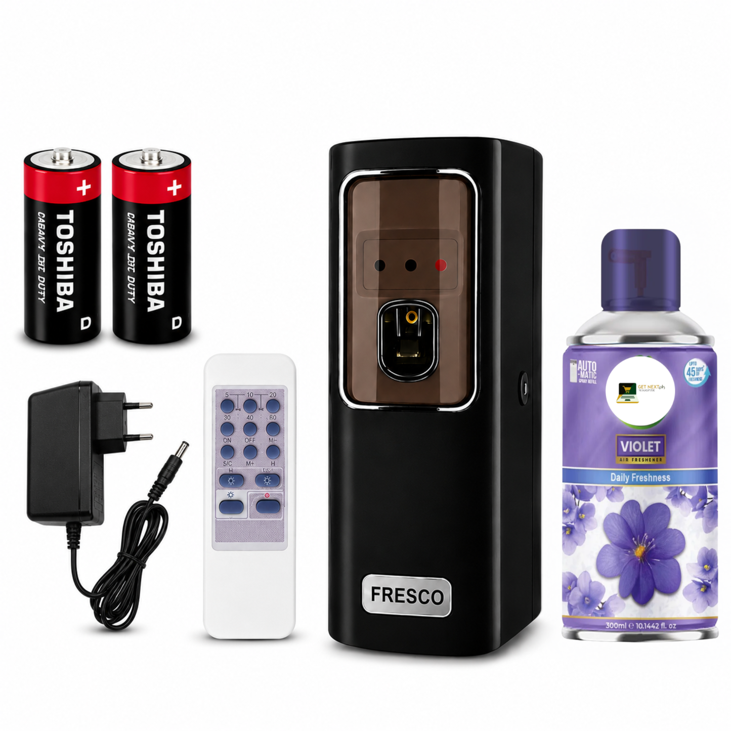 Black Automatic Air Freshener Dispenser with Remote, Adapter & Refill – Dual Power Spray Machine