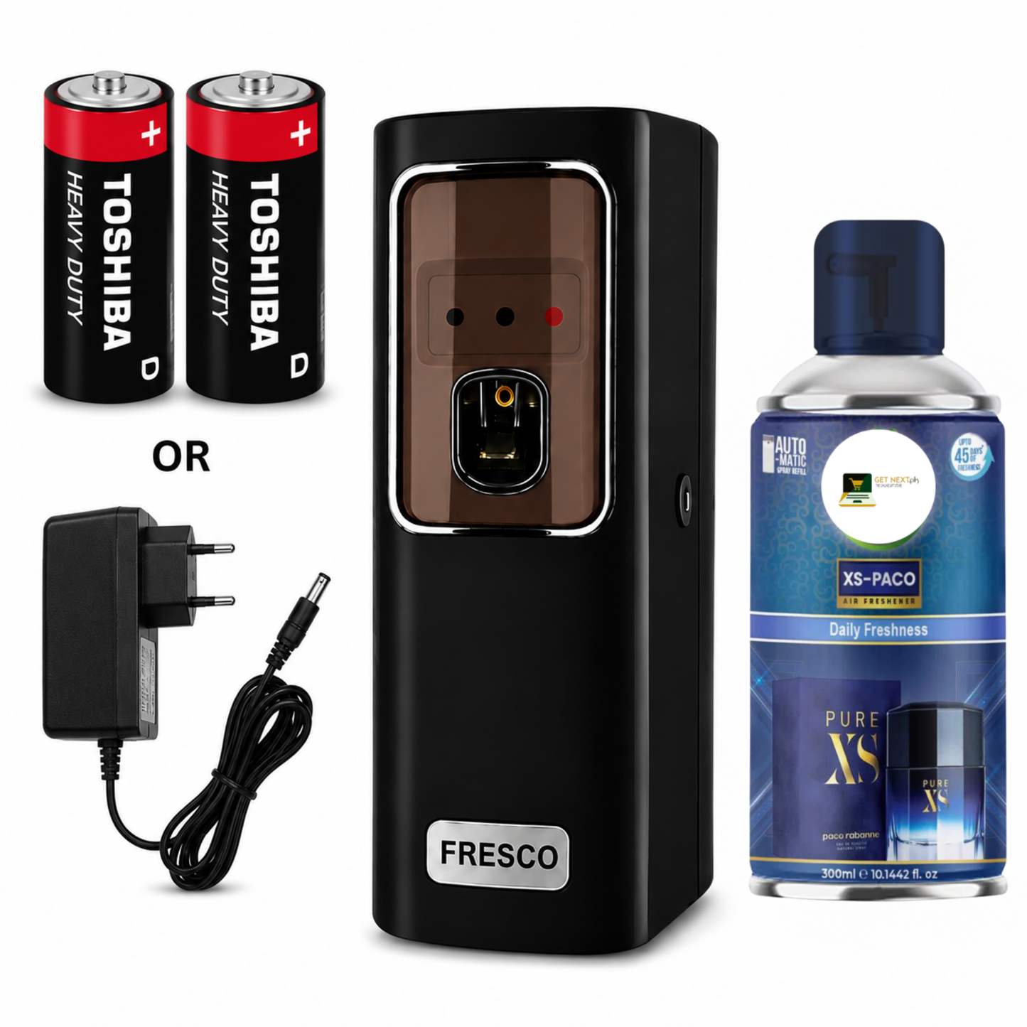 Black Automatic Air Freshener Dispenser With Free Refill Dual Power Spray Machine