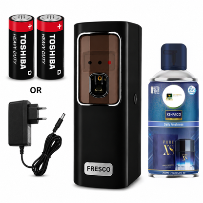 Black Automatic Air Freshener Dispenser With Free Refill Dual Power Spray Machine