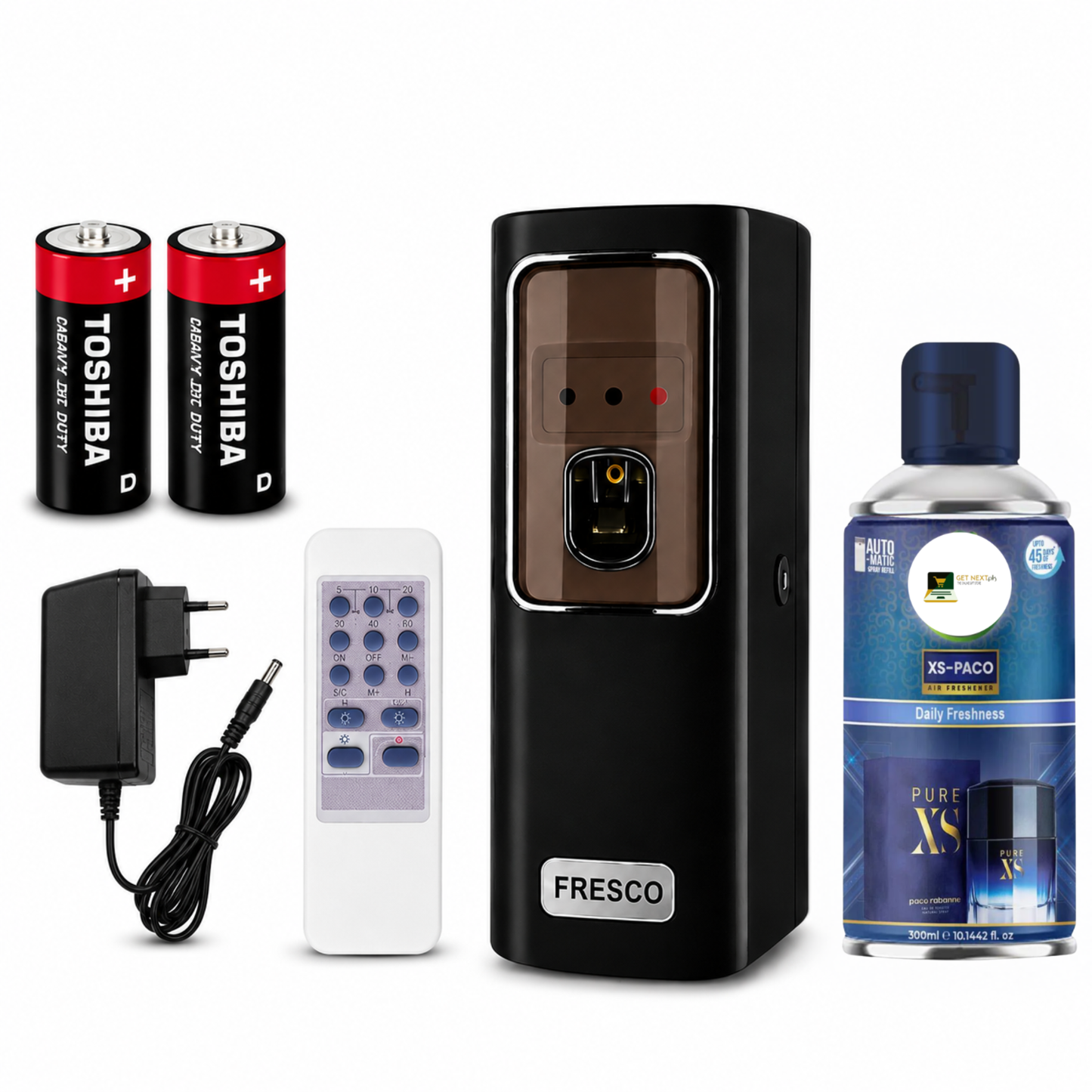 Black Automatic Air Freshener Dispenser with Remote, Adapter & Refill – Dual Power Spray Machine