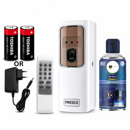 White Automatic Air Freshener Dispenser with Remote, Adapter & Refill – Dual Power Spray Machine