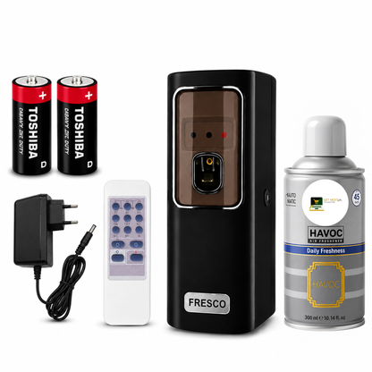 Black Automatic Air Freshener Dispenser with Remote, Adapter & Refill – Dual Power Spray Machine