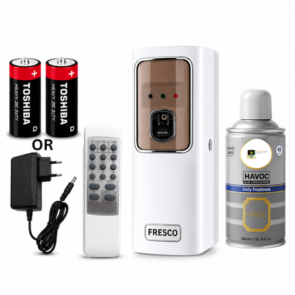 White Automatic Air Freshener Dispenser with Remote, Adapter & Refill – Dual Power Spray Machine