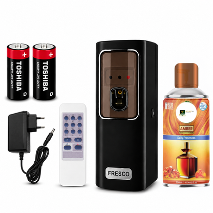 Black Automatic Air Freshener Dispenser with Remote, Adapter & Refill – Dual Power Spray Machine