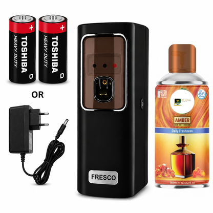 Black Automatic Air Freshener Dispenser With Free Refill Dual Power Spray Machine