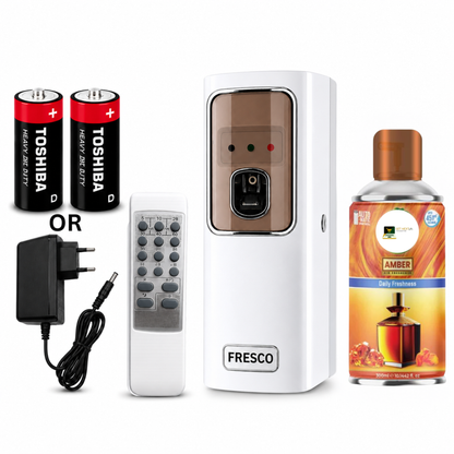White Automatic Air Freshener Dispenser with Remote, Adapter & Refill – Dual Power Spray Machine