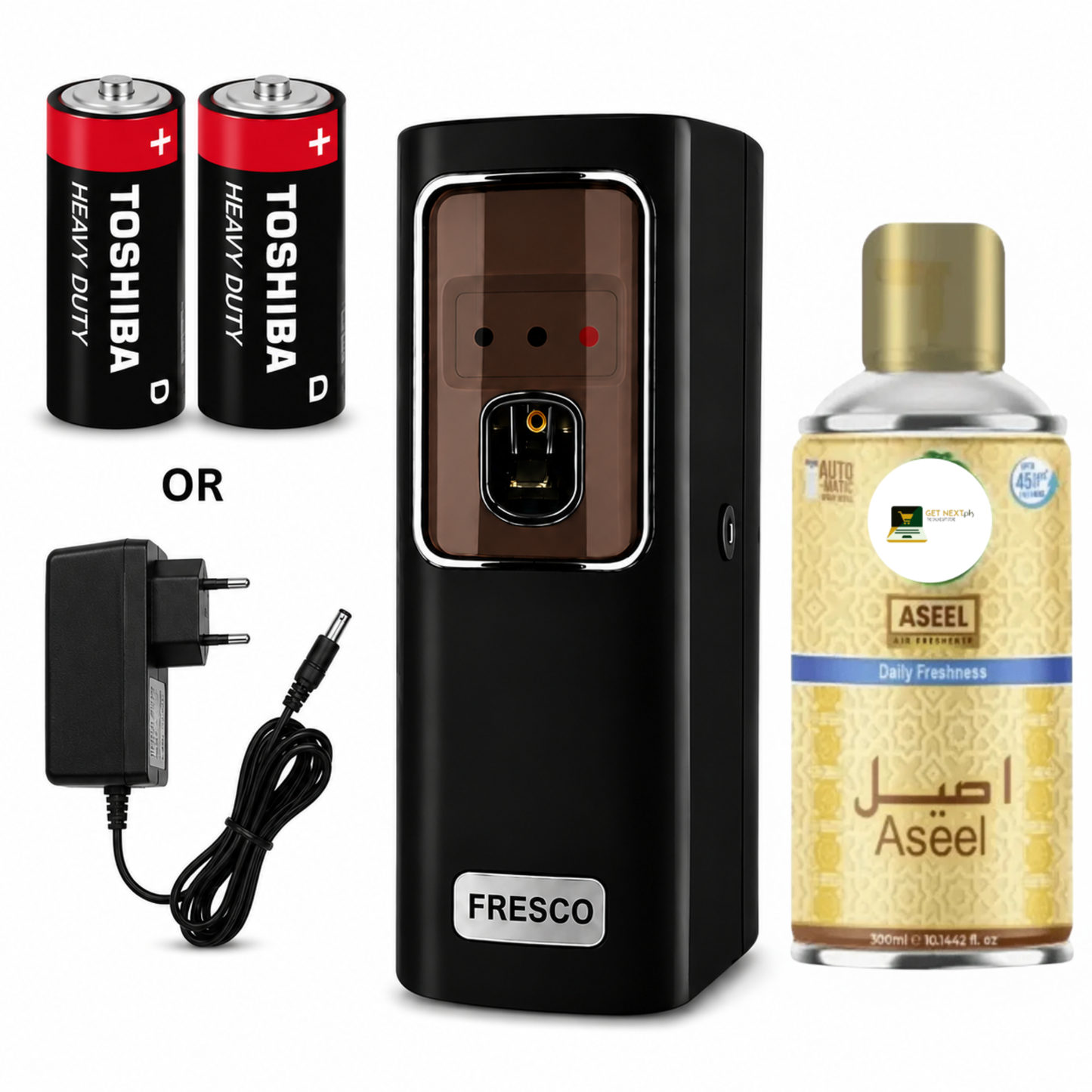 Black Automatic Air Freshener Dispenser With Free Refill Dual Power Spray Machine