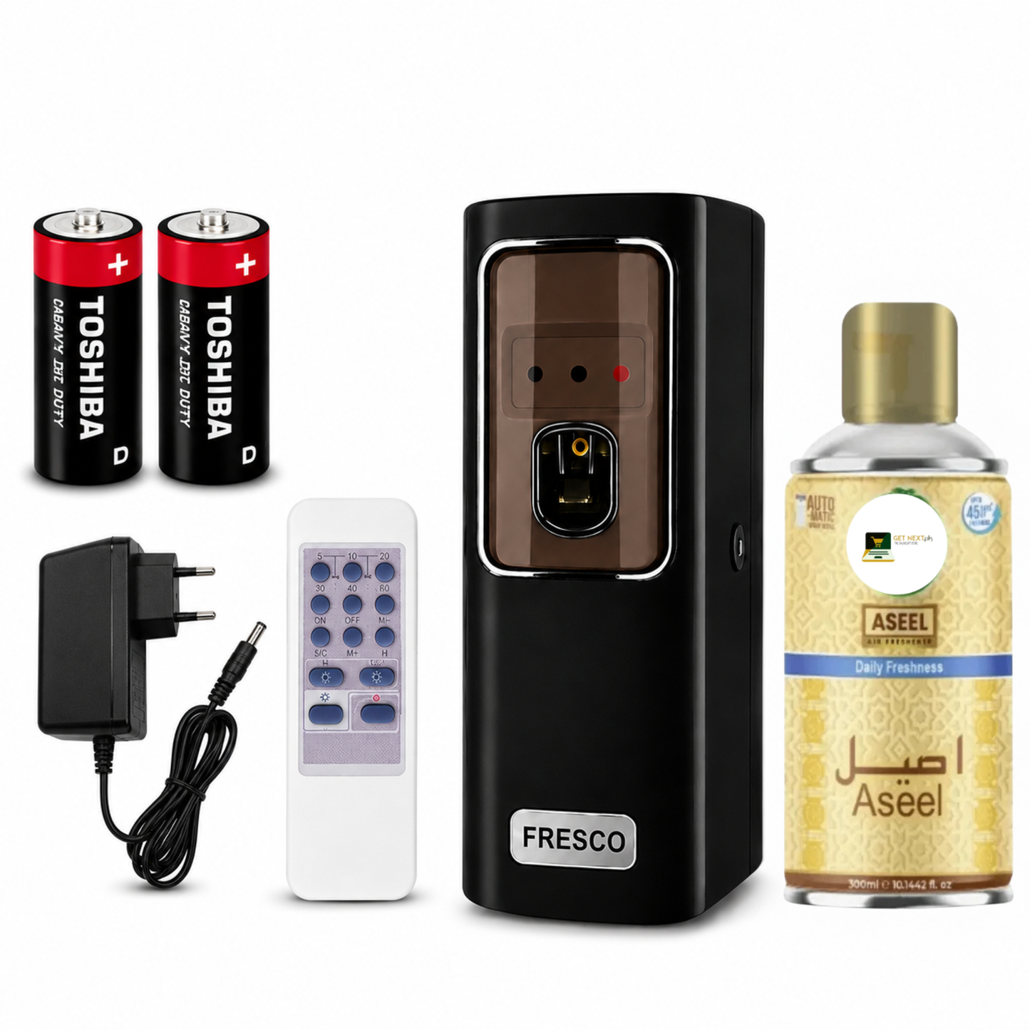 Black Automatic Air Freshener Dispenser with Remote, Adapter & Refill – Dual Power Spray Machine
