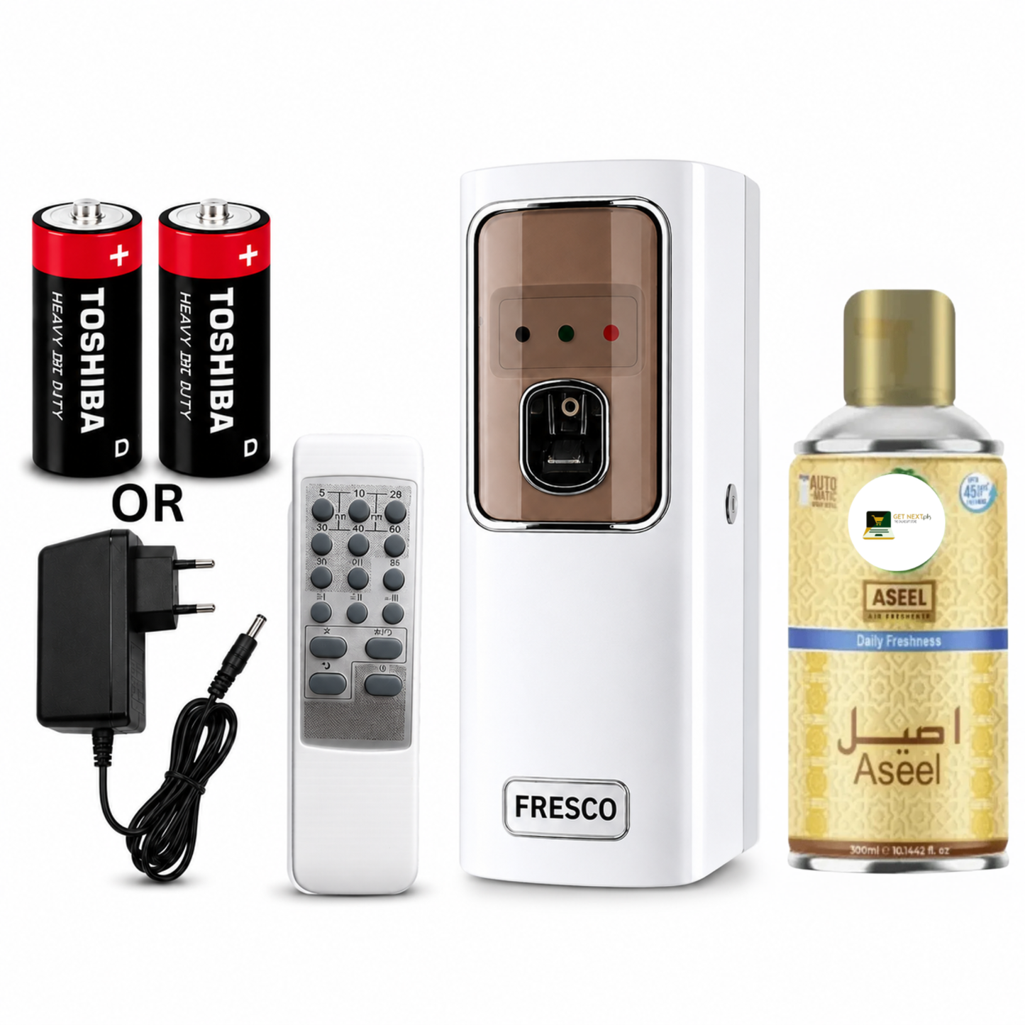 White Automatic Air Freshener Dispenser with Remote, Adapter & Refill – Dual Power Spray Machine