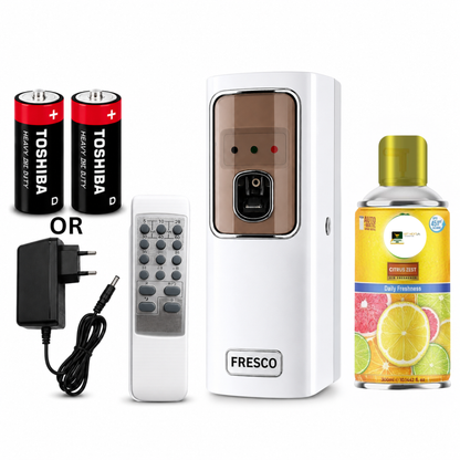 White Automatic Air Freshener Dispenser with Remote, Adapter & Refill – Dual Power Spray Machine