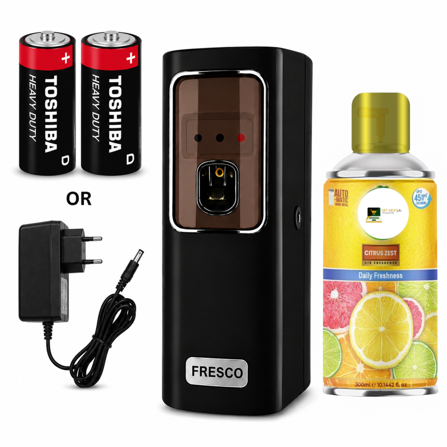 Black Automatic Air Freshener Dispenser With Free Refill Dual Power Spray Machine