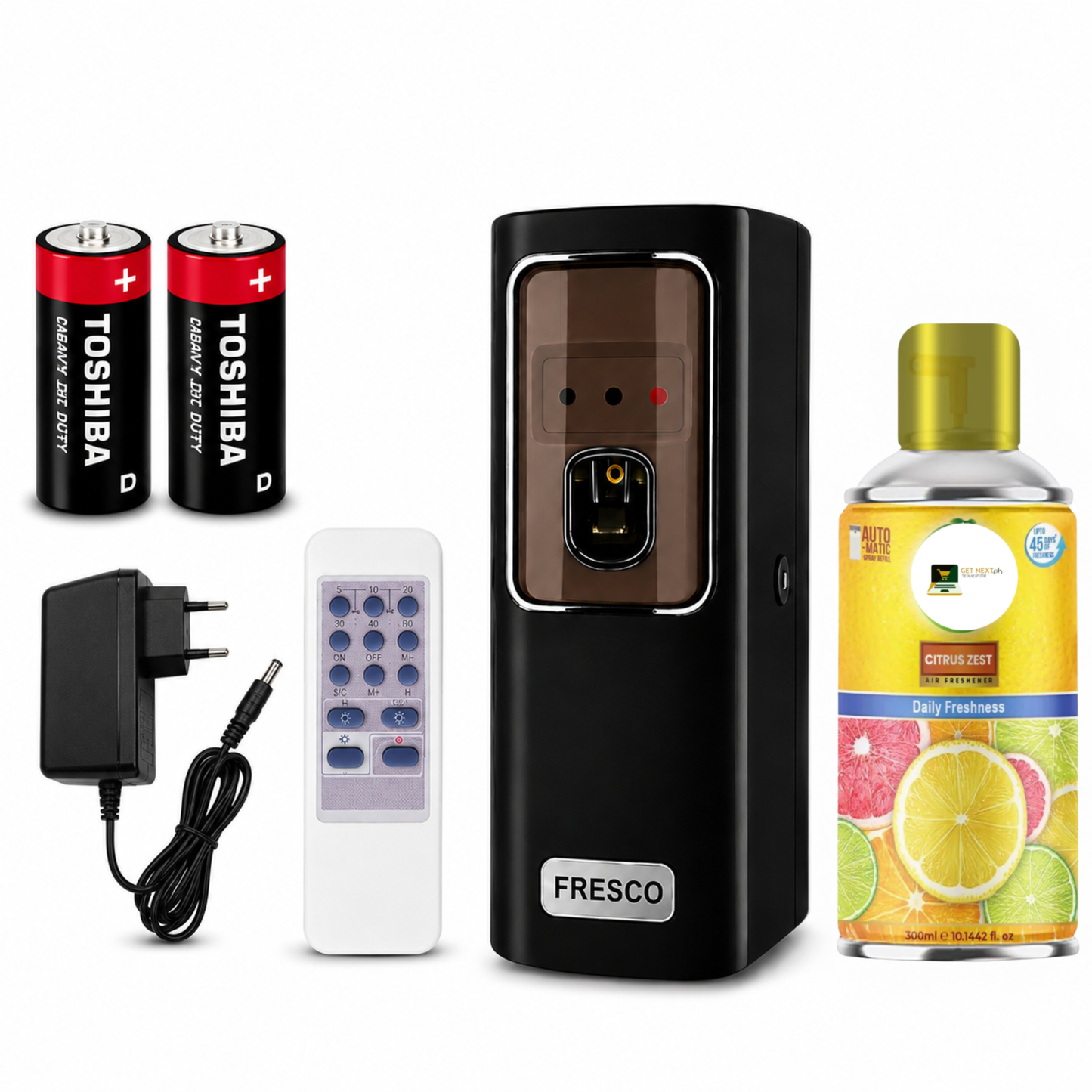 Black Automatic Air Freshener Dispenser with Remote, Adapter & Refill – Dual Power Spray Machine