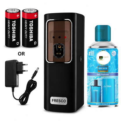 Black Automatic Air Freshener Dispenser With Free Refill Dual Power Spray Machine