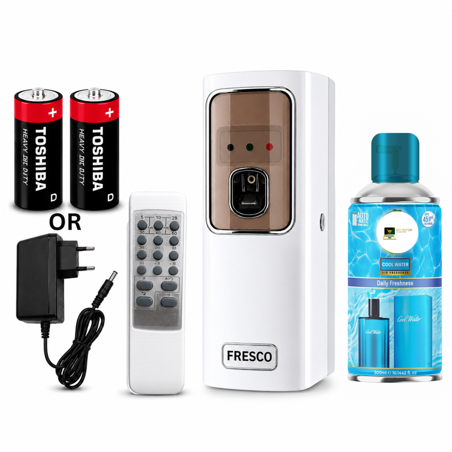 White Automatic Air Freshener Dispenser with Remote, Adapter & Refill – Dual Power Spray Machine