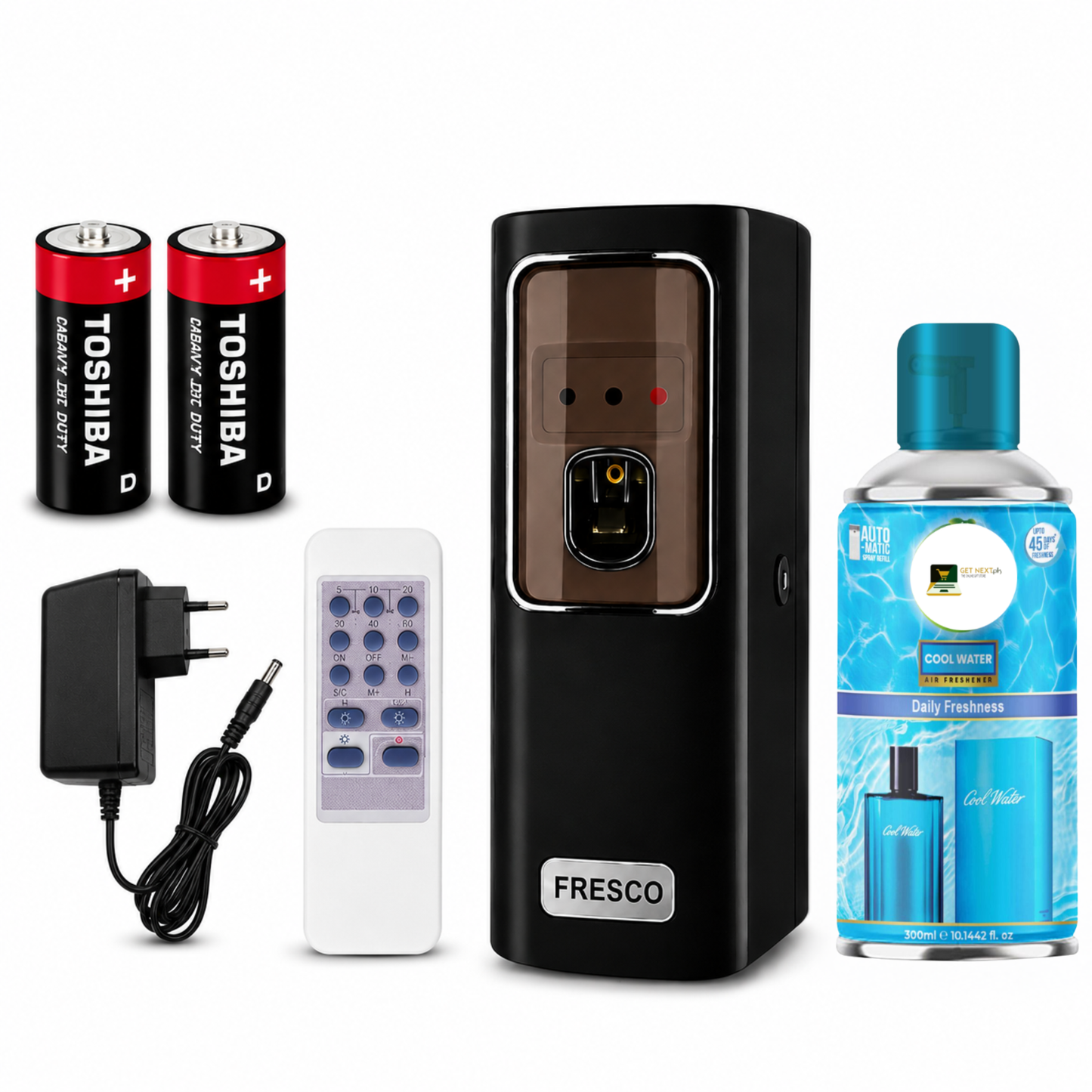 Black Automatic Air Freshener Dispenser with Remote, Adapter & Refill – Dual Power Spray Machine