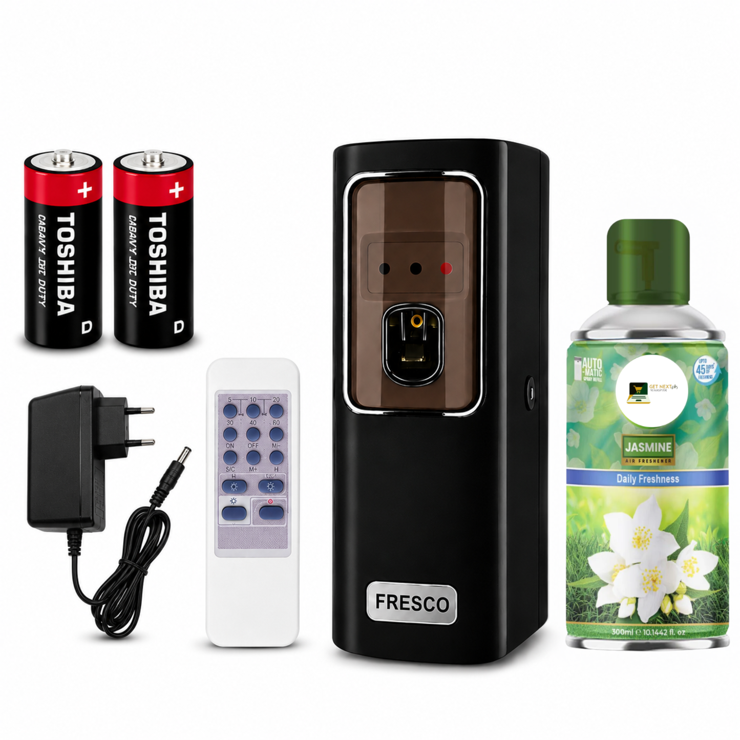 Black Automatic Air Freshener Dispenser with Remote, Adapter & Refill – Dual Power Spray Machine