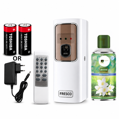 White Automatic Air Freshener Dispenser with Remote, Adapter & Refill – Dual Power Spray Machine