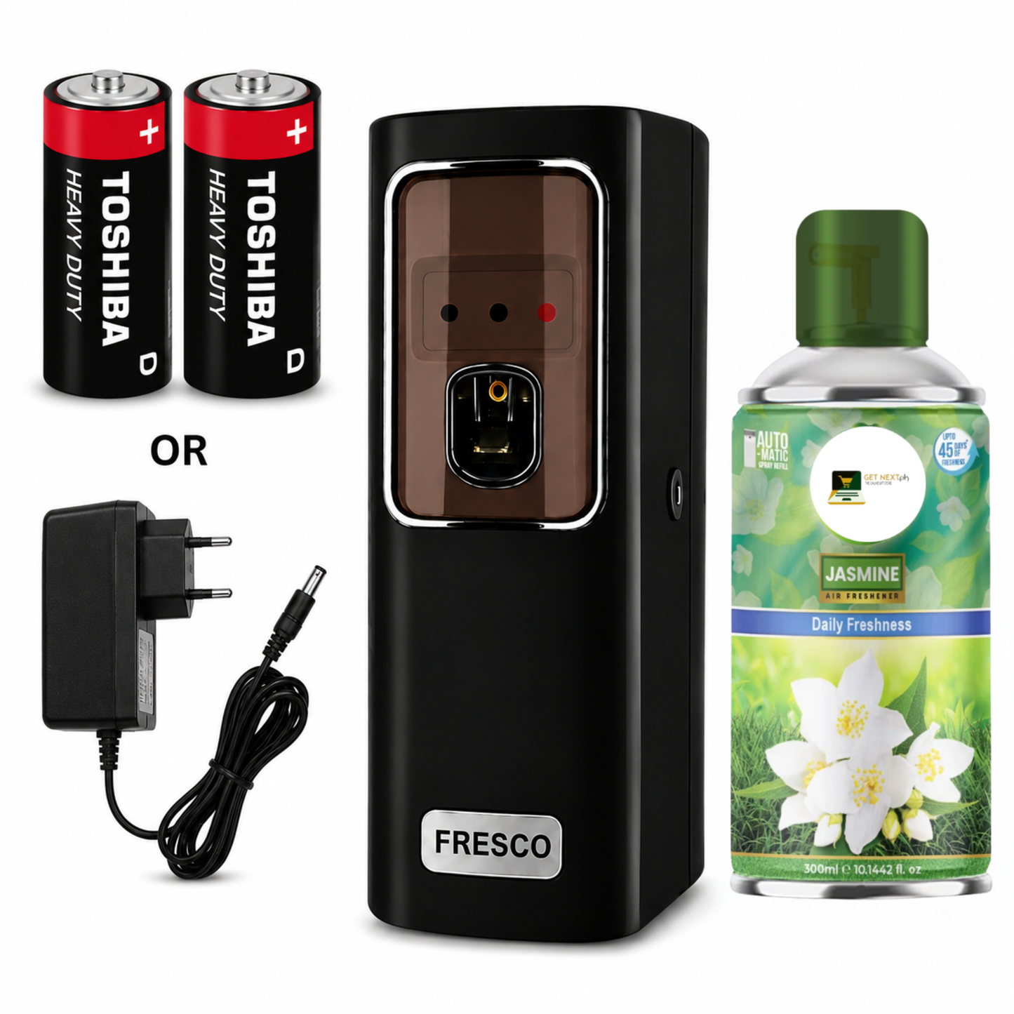 Black Automatic Air Freshener Dispenser With Free Refill Dual Power Spray Machine