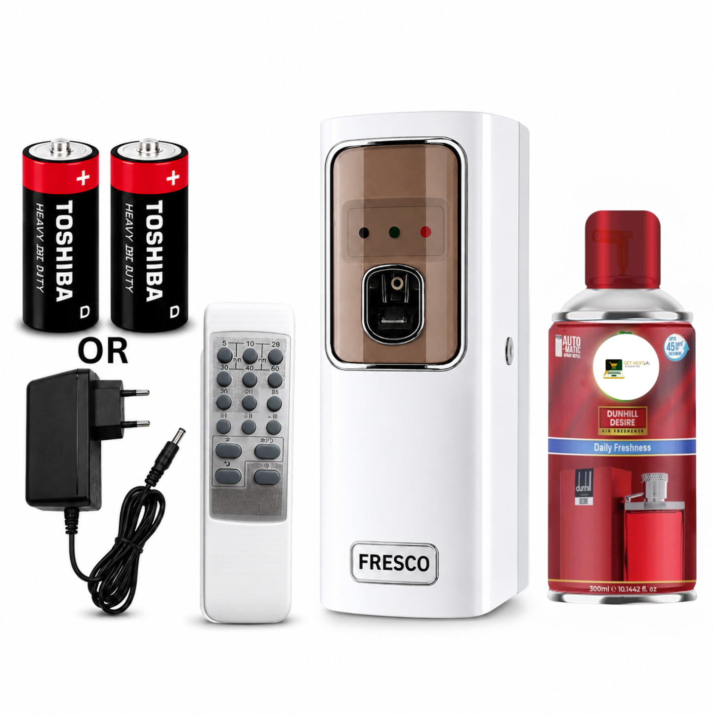 White Automatic Air Freshener Dispenser with Remote, Adapter & Refill – Dual Power Spray Machine