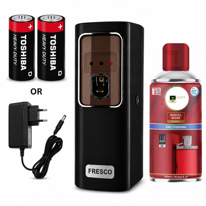 Black Automatic Air Freshener Dispenser With Free Refill Dual Power Spray Machine