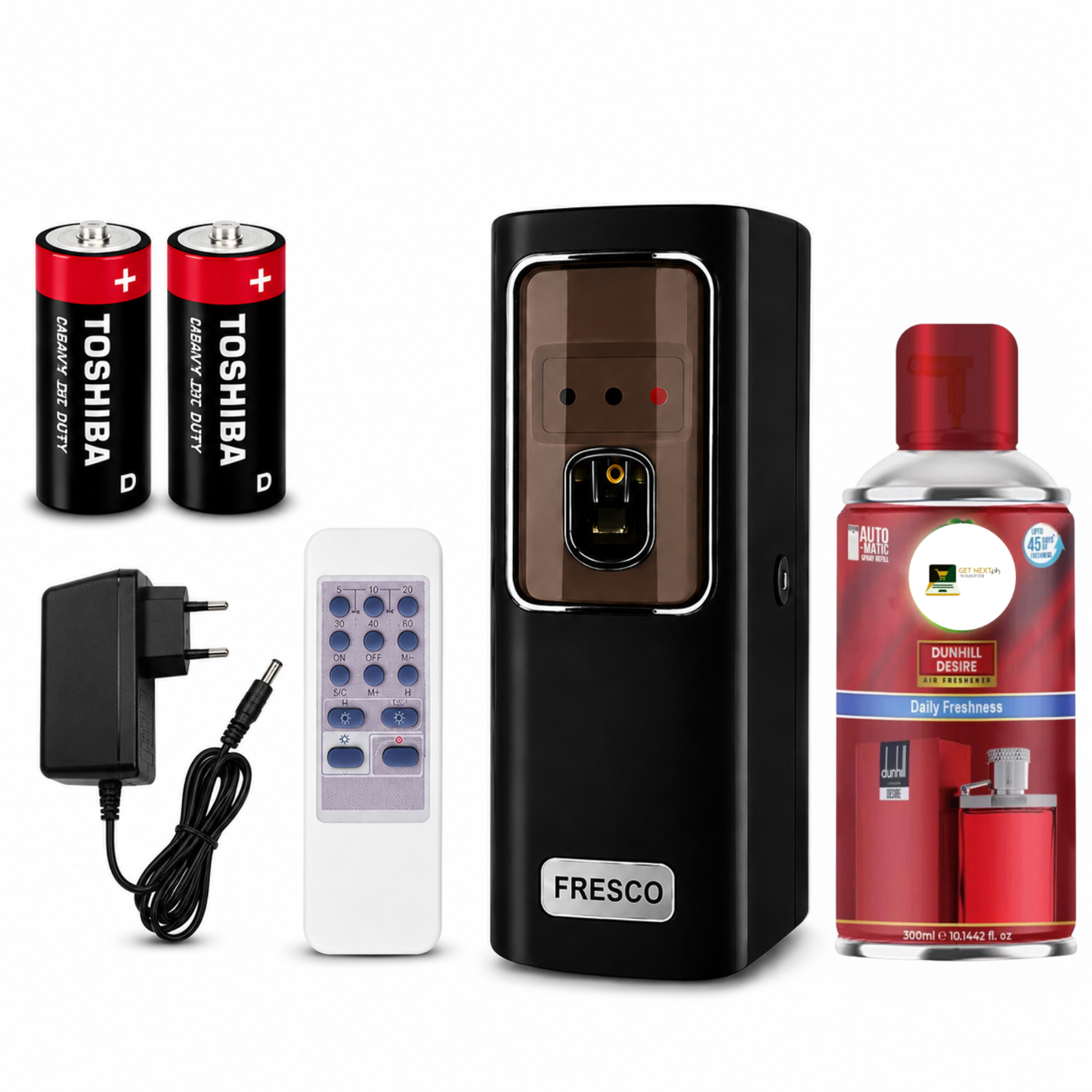 Black Automatic Air Freshener Dispenser with Remote, Adapter & Refill – Dual Power Spray Machine