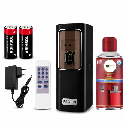 Black Automatic Air Freshener Dispenser with Remote, Adapter & Refill – Dual Power Spray Machine
