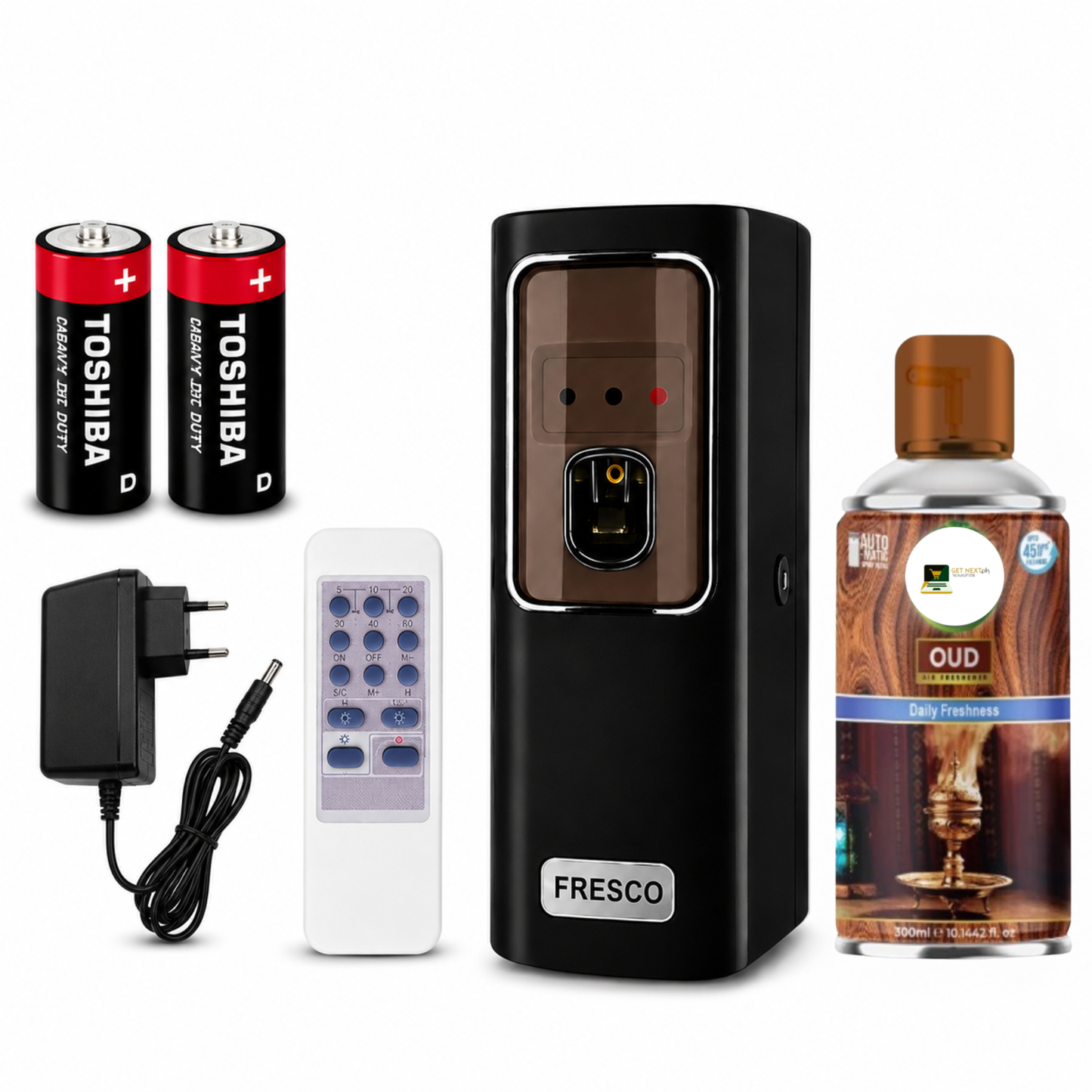 Black Automatic Air Freshener Dispenser with Remote, Adapter & Refill – Dual Power Spray Machine