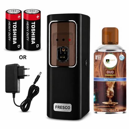 Black Automatic Air Freshener Dispenser With Free Refill Dual Power Spray Machine