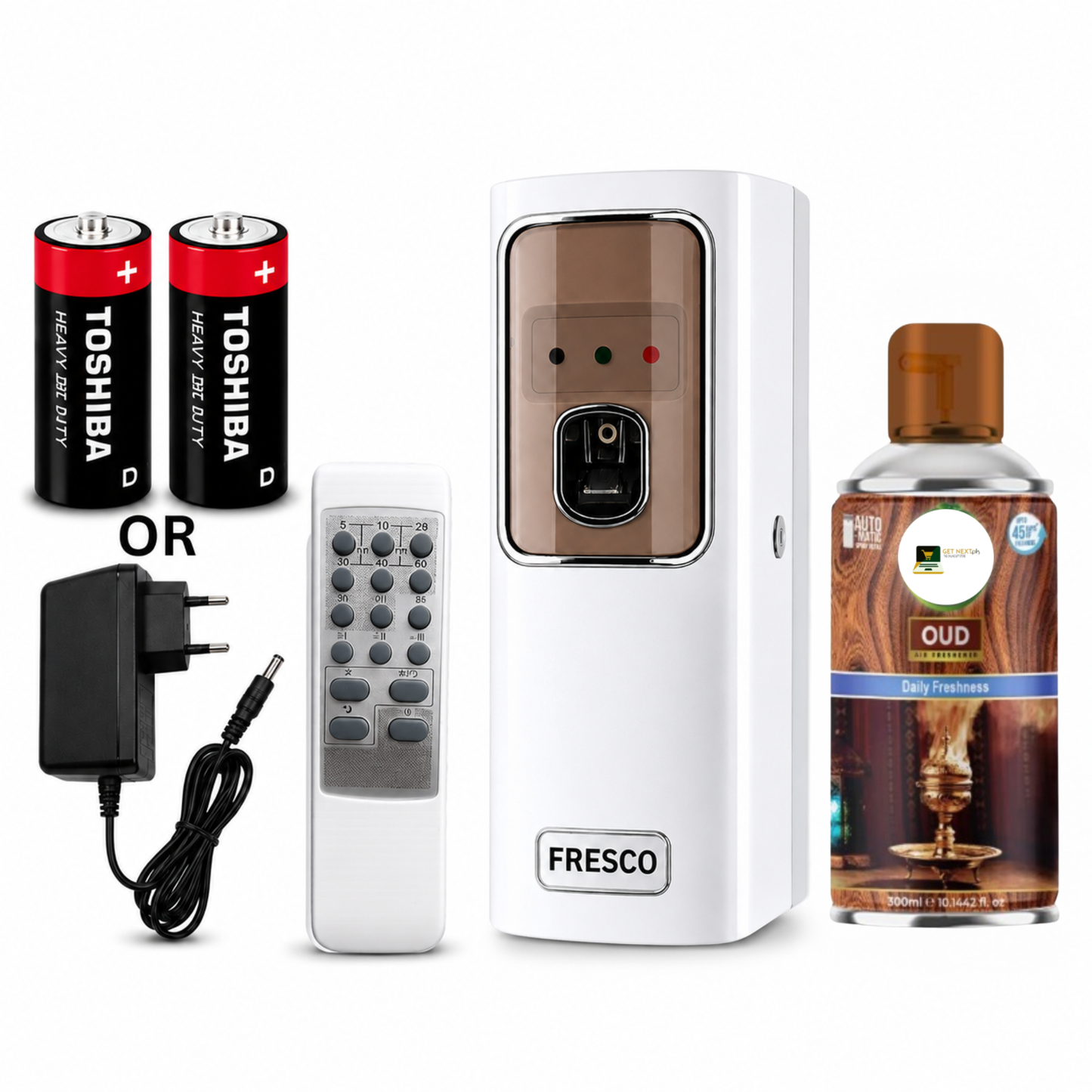 White Automatic Air Freshener Dispenser with Remote, Adapter & Refill – Dual Power Spray Machine