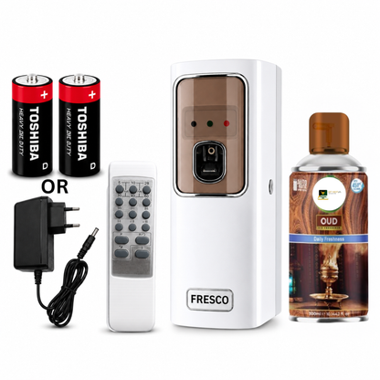 White Automatic Air Freshener Dispenser with Remote, Adapter & Refill – Dual Power Spray Machine