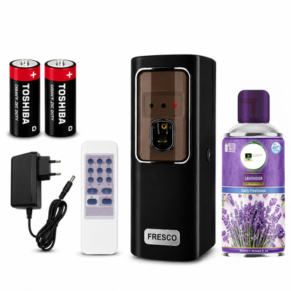 Black Automatic Air Freshener Dispenser with Remote, Adapter & Refill – Dual Power Spray Machine