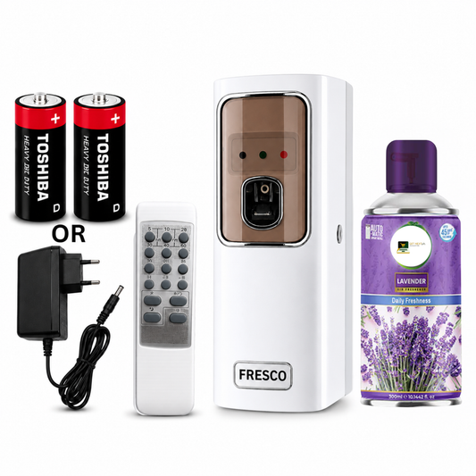 White Automatic Air Freshener Dispenser with Remote, Adapter & Refill – Dual Power Spray Machine