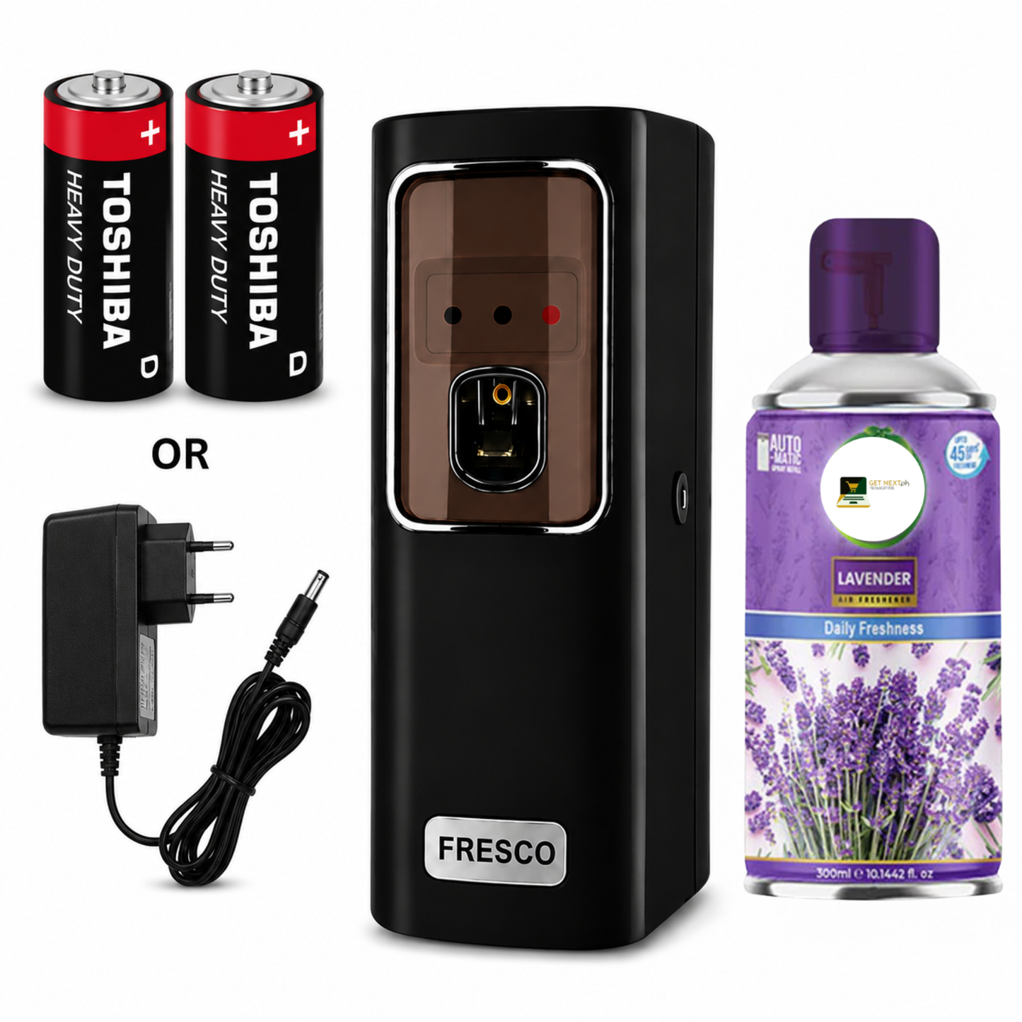 Black Automatic Air Freshener Dispenser With Free Refill Dual Power Spray Machine