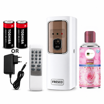 White Automatic Air Freshener Dispenser with Remote, Adapter & Refill – Dual Power Spray Machine