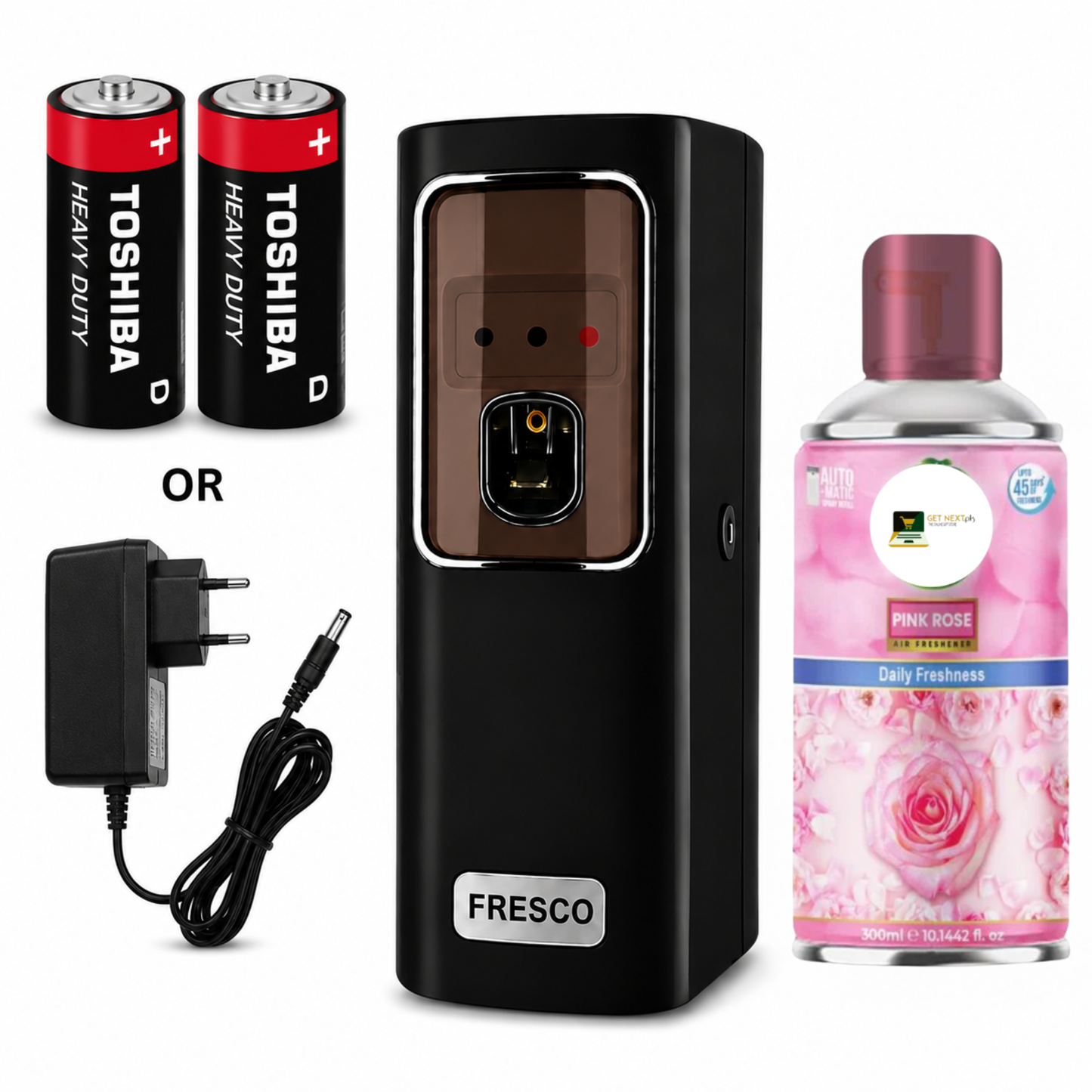 Black Automatic Air Freshener Dispenser With Free Refill Dual Power Spray Machine