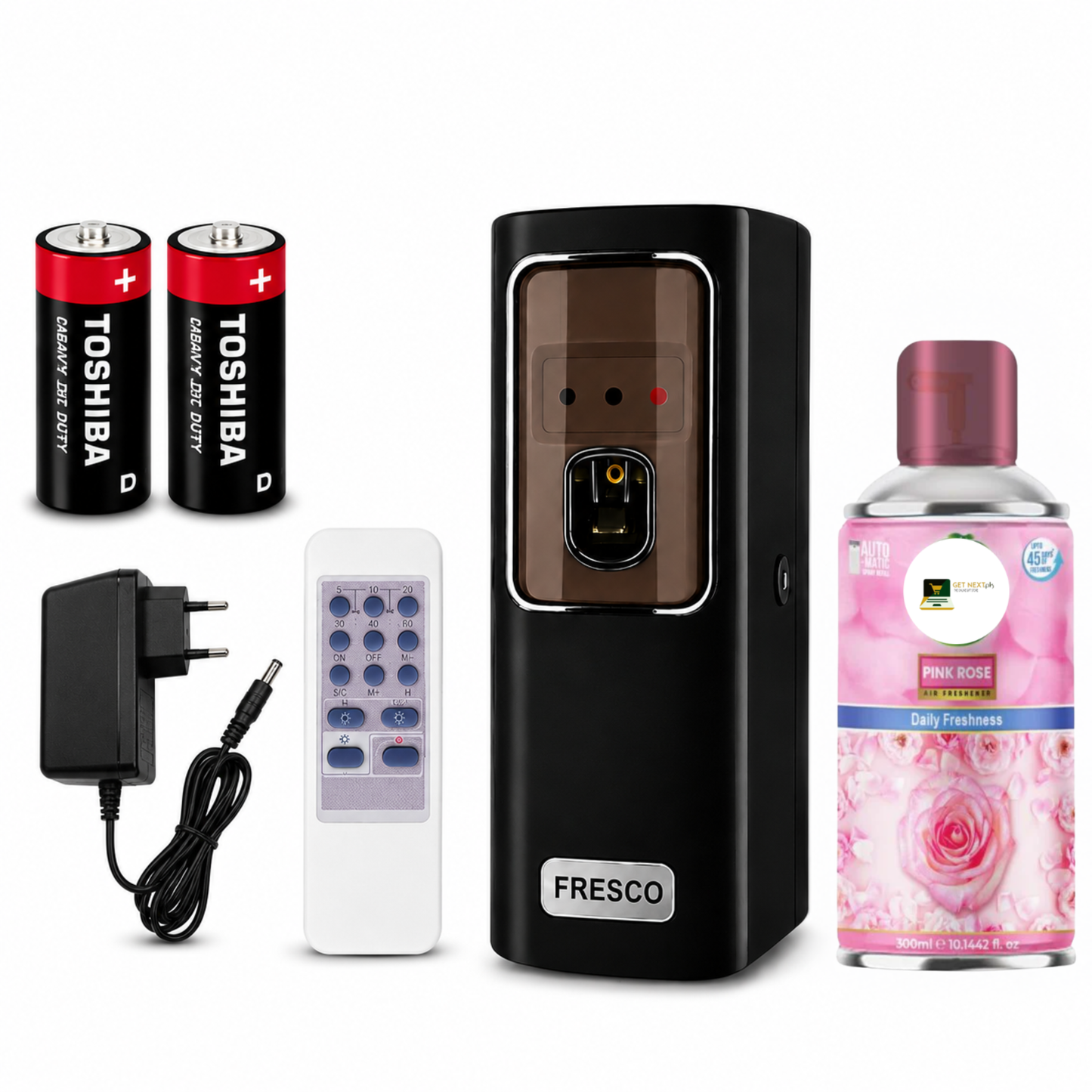 Black Automatic Air Freshener Dispenser with Remote, Adapter & Refill – Dual Power Spray Machine