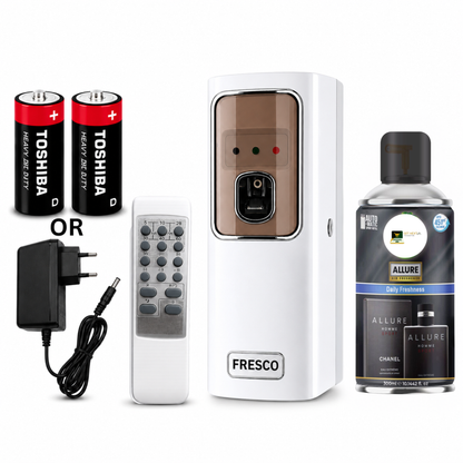 White Automatic Air Freshener Dispenser with Remote, Adapter & Refill – Dual Power Spray Machine