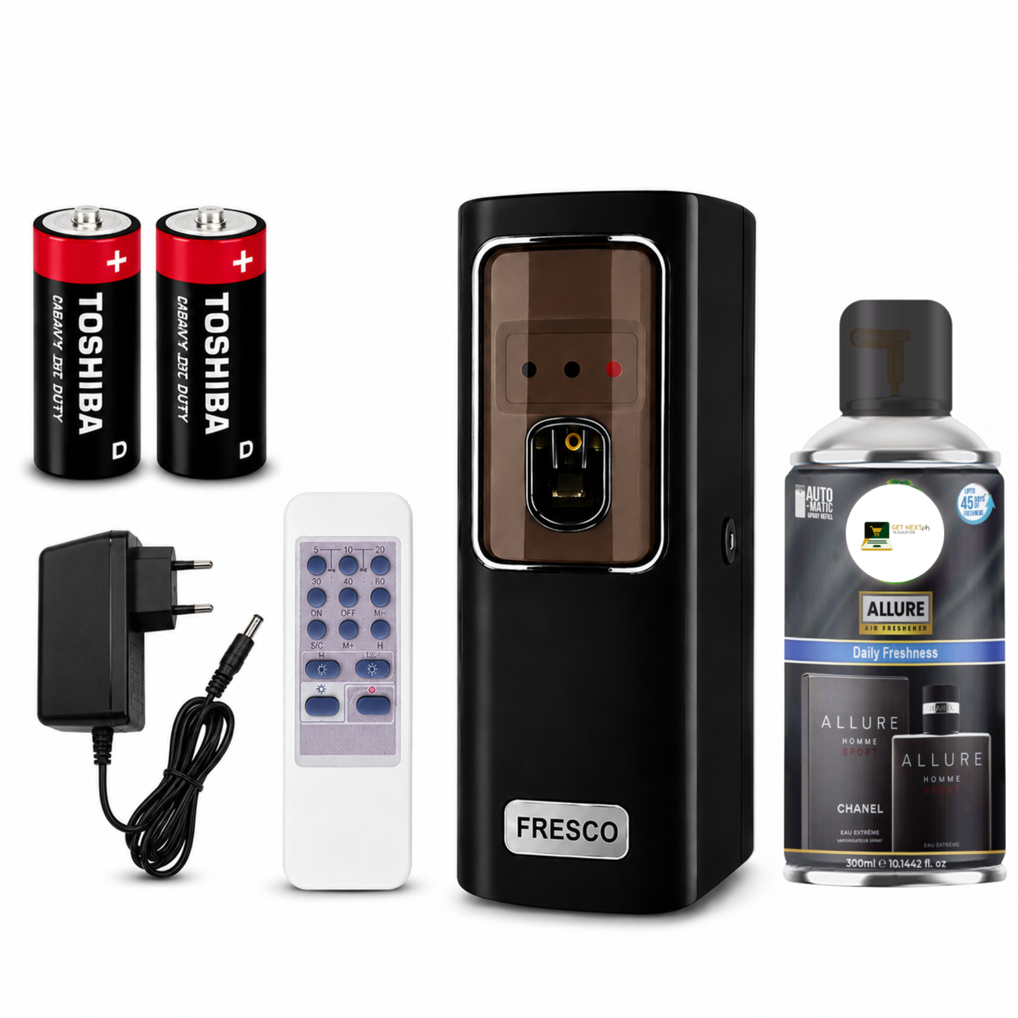 Black Automatic Air Freshener Dispenser with Remote, Adapter & Refill – Dual Power Spray Machine