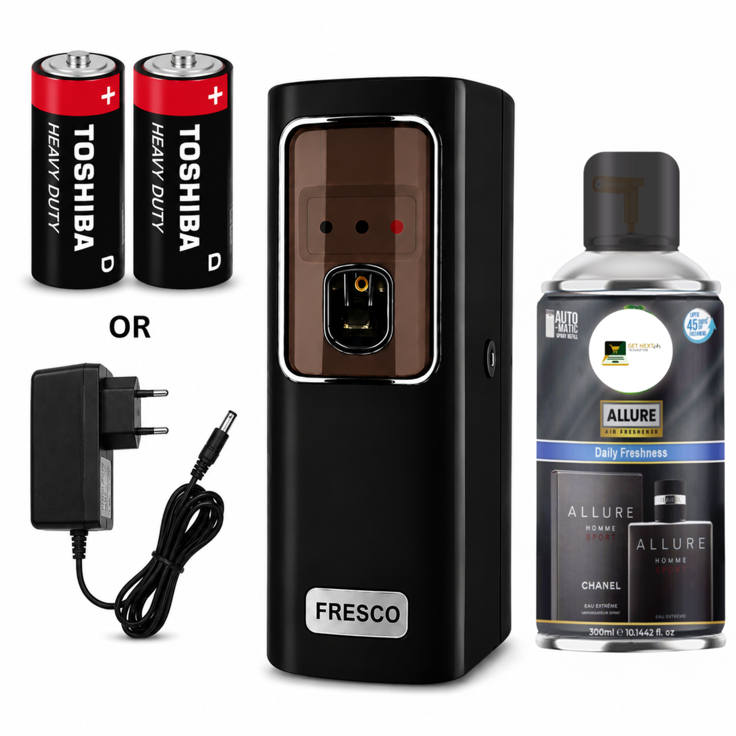 Black Automatic Air Freshener Dispenser With Free Refill Dual Power Spray Machine