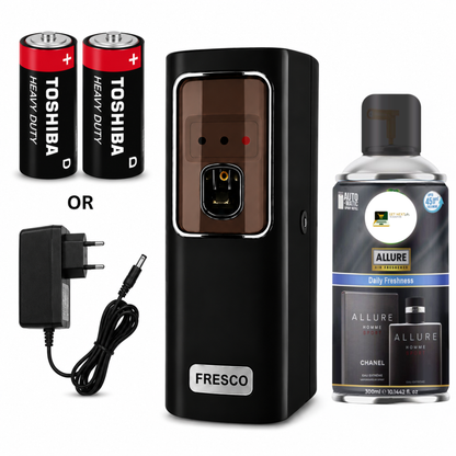 Black Automatic Air Freshener Dispenser With Free Refill Dual Power Spray Machine