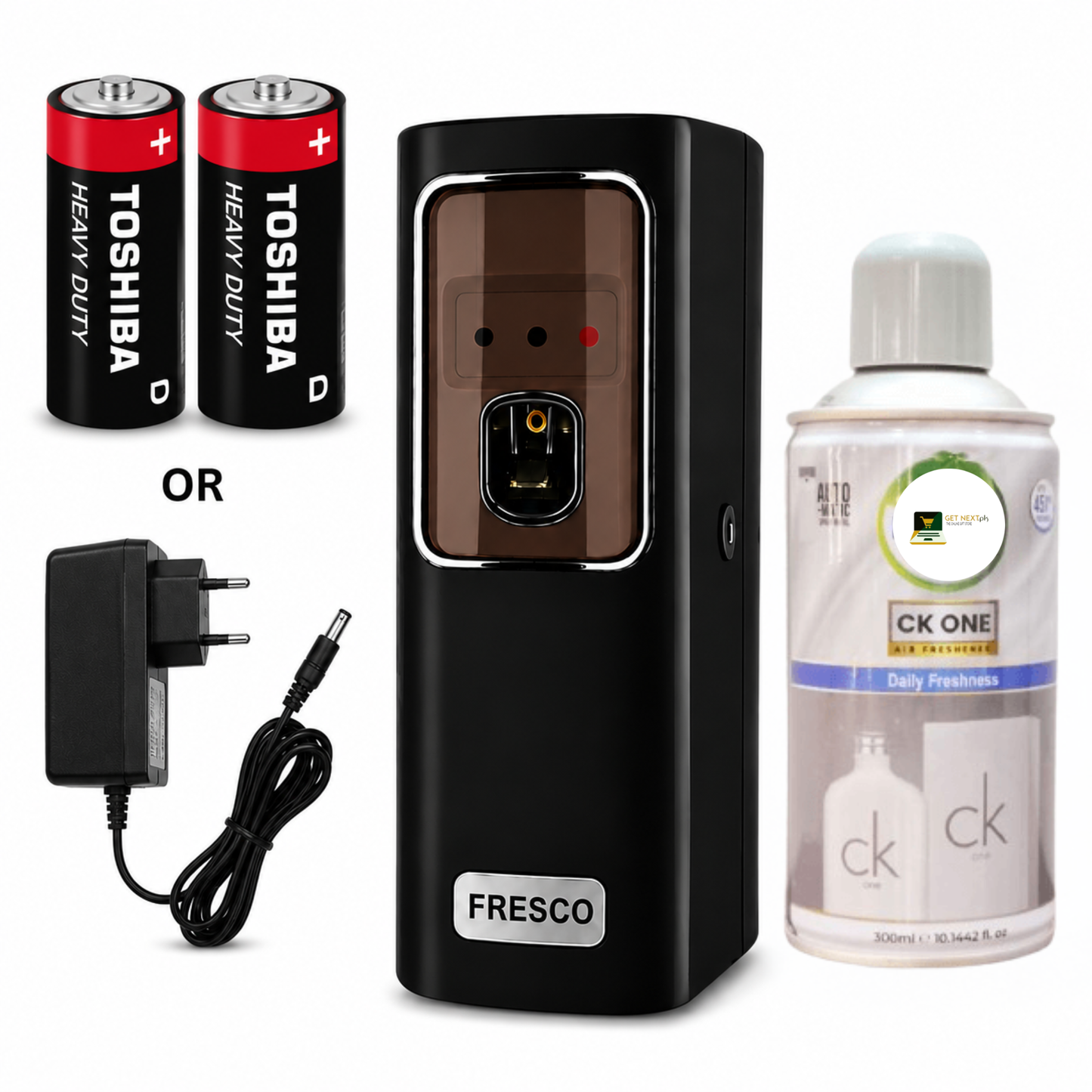 Black Automatic Air Freshener Dispenser With Free Refill Dual Power Spray Machine
