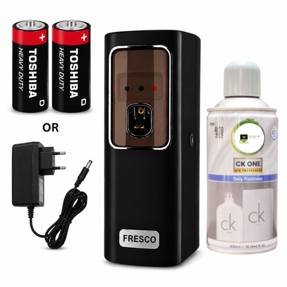 Black Automatic Air Freshener Dispenser With Free Refill Dual Power Spray Machine